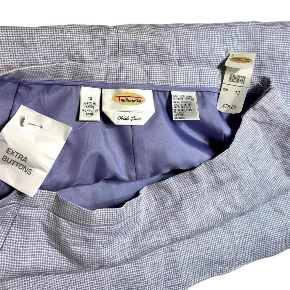 Talbots Irish Linen Skirt Blue White Micro Check A-Line Knee Length NWT‎ Size 12